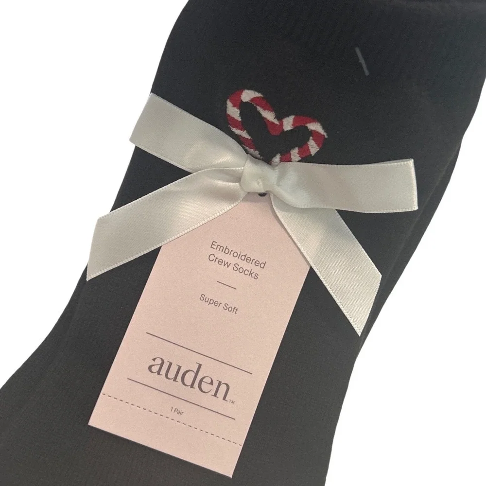 New Auden Black Crew Socks Candy Cane Heart‎ Embroidery Super Soft Women